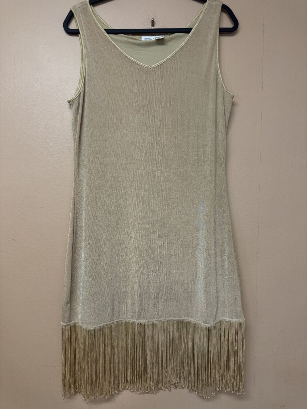 Y2K Together Gold Metallic Fringe Hem Sleeveless Shift Dress Size Medium Gatsby